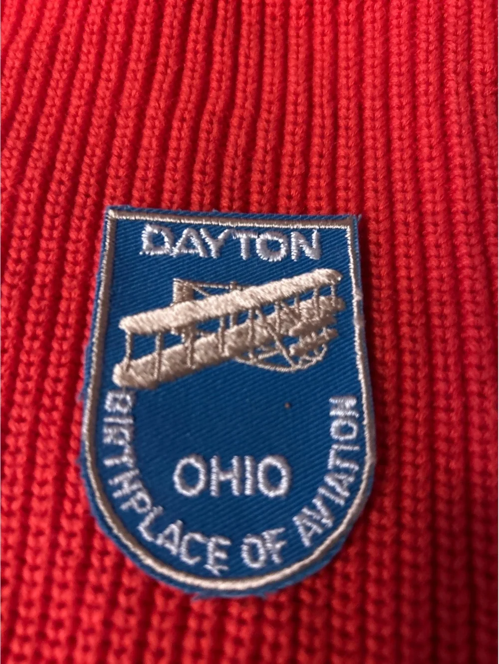 Vintage Dayton Ohio Birthplace of Aviation Patch on Red Knit Fabric